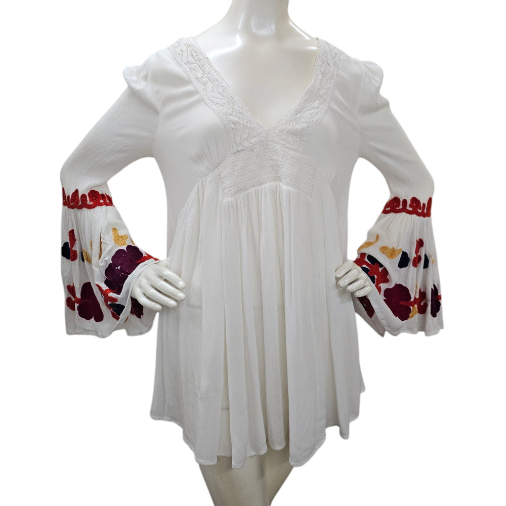 Free People Mini Dress Womens Small White Tunic So In Love Boho Embroidered